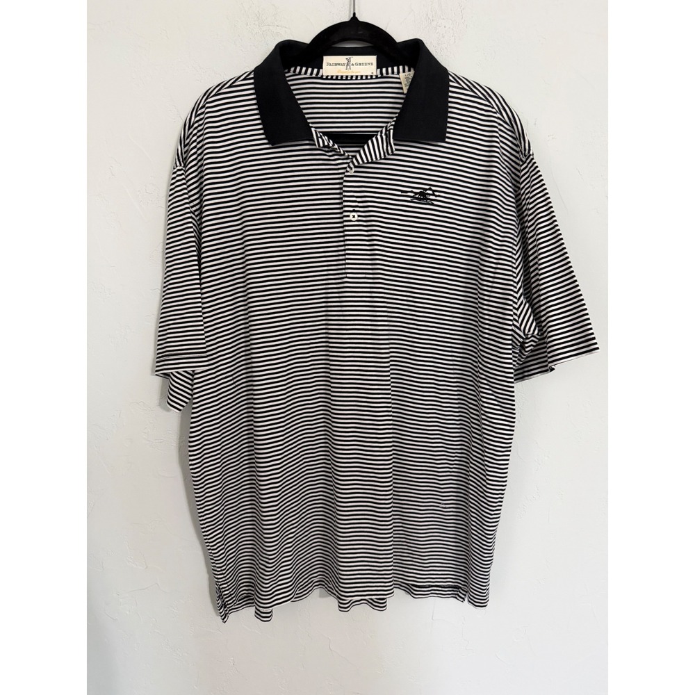 Fairway & Greene Mens Large Black‎ White Striped Mercerized Golf Polo Shirt